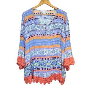 Catherines Womens Plus Size 5X Boho Top Lace Trim Multicolor